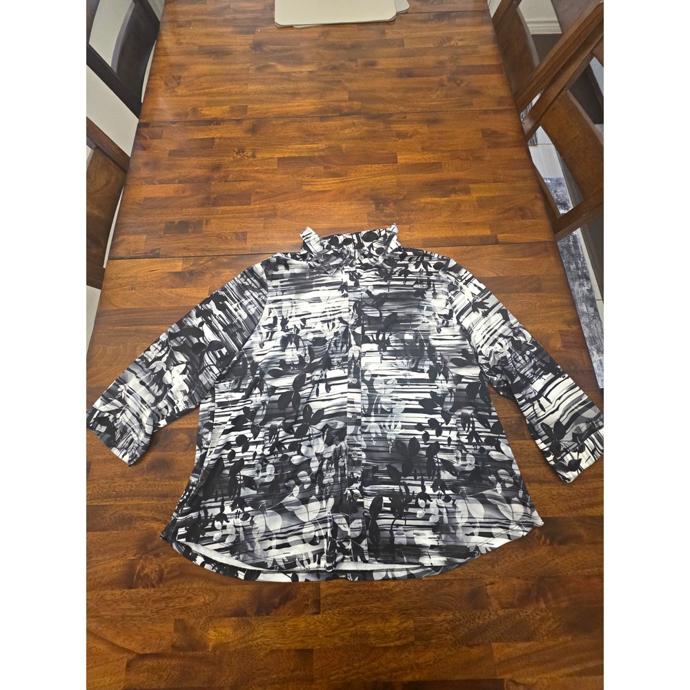 Allison Daley womens 2X plus black white gray abstract button-up stretch top 066